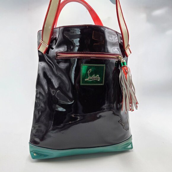 Rare Christian Louboutin CABAS Black Vinyl Tote With Green Red Accents & Tassels - Picture 2 of 13